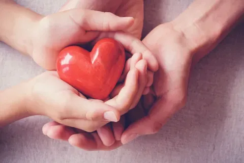 Hands holding a heart, depicting giving