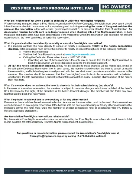 Free Nights Program Hotel FAQ