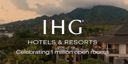 Mountain range with words that read "IHG Hotels & Resorts Celebrating 1 million open rooms"