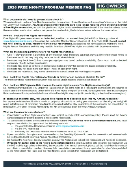2026 Free Nights Program Member FAQ Cover