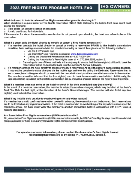 2023 Free Nights Program Hotel FAQ